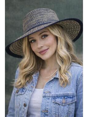 Wide Brim Paper Straw Sun Hat Navy Natural Chic Summer NWT